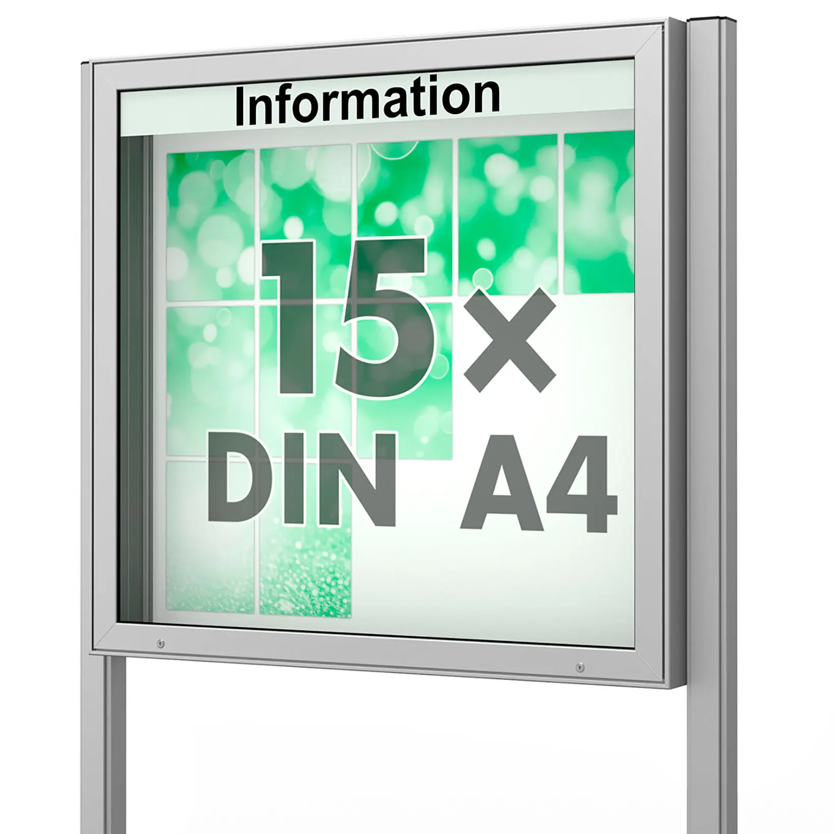 15 x DIN A4 Schaukasten Plenum eckig - der "Klassiker" - 210mm Bautiefe - mit Standbeinen und optionaler LED-Beleuchtung